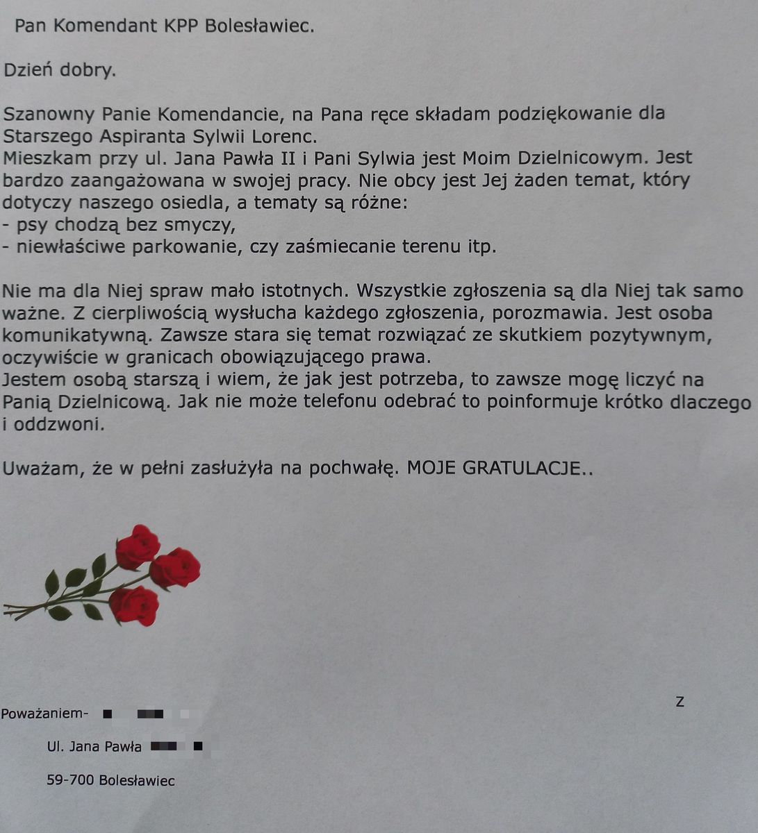 list z podziękowaniami
