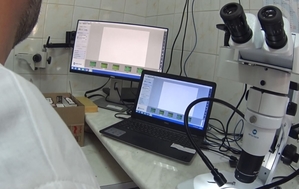 monitory i mikroskop w pracowni