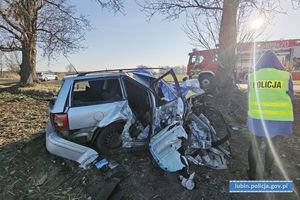 pojazd poza drogą ze zdeformowaną karoserią, po prawej stronie policjant w kamizelce wykonujący czynności, w oddali na drodze samochód straży pożarnej