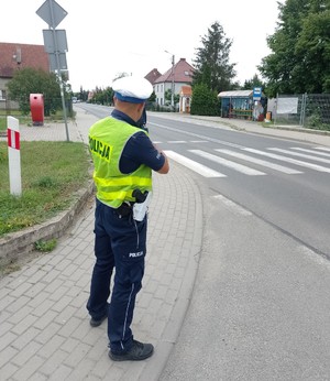 Policjanci wykorzystując ręczny miernik prędkości sprawdzają zachowania kierujących i pieszych w rejonie przejść dla pieszych