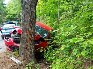 czerwone auto które rozbiło się na drzewie