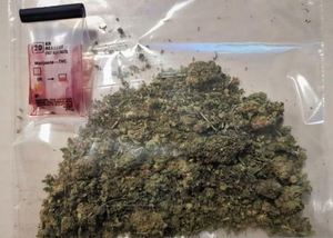 susz narkotyku w woreczku foliowym przy którym znajduje się tester narkotykowy zabarwiony na czerwono