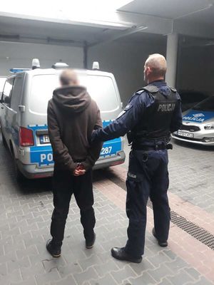 Na zdjęciu widoczny jest umundurowany policjant i zatrzymany mężczyzna stojący na tle radiowozu.