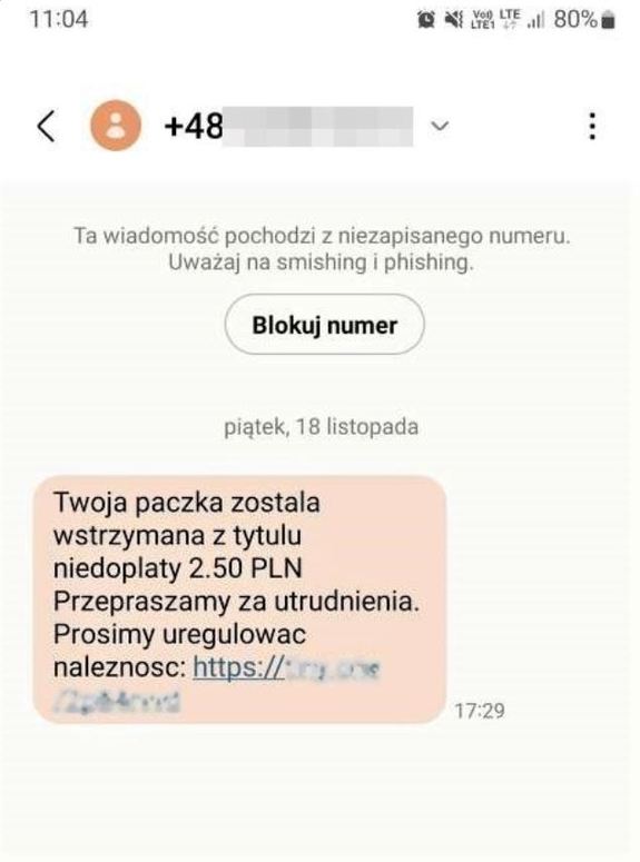 Prinscreen ukazujący treść SMS-a od oszustów