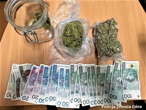 Na zdjęciu susz marihuany znajdujący się w woreczkach i szklanym pojemniku oraz banknoty o nominale 10 złotych, 20 złotych, 50 złotych i 100 złotych.