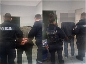 Obraz składa się z dwóch osobnych zdjęć, na których policjanci prowadzą pojedynczo zatrzymanych mężczyzn.