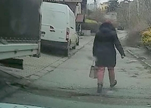 Na zdjęciu kobieta idąca ulicą, na poboczu stoją samochody.