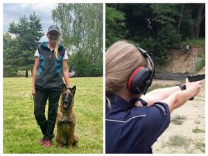 Obraz składa się z dwóch zdjęć. Na jednym widać kobietę z psem, na drugim strzelającą policjantkę.