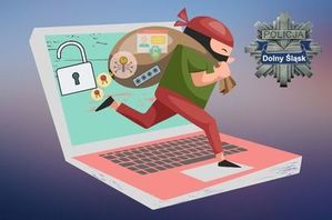 Grafika przedstawiająca złodzieja z workiem pieniędzy biegnącego po laptopie.