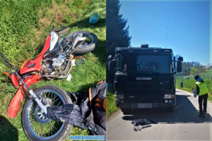 Na zdjęciach motor i ciężarówka.