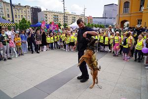 Na zdjęciu przewodnik psów policyjnych prezentuje dzieciom sztuczki jakie potrafi robić pies policyjny.