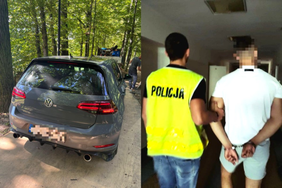 Pojazd zatrzymanego mężczyzny na parkowej alejce i zatrzymany z kajdankami na rękach prowadzony przez policjanta