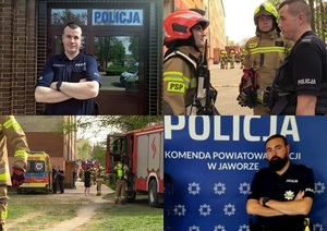 Połączenie czterech zdjęć na których są policjanci i strażacy