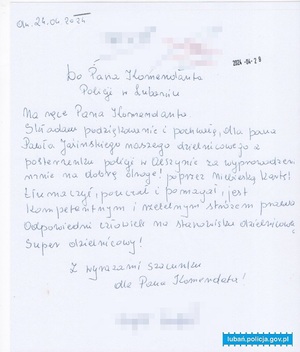 List z podziękowaniami dla dolnośląskiego policjanta