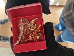 złota Biżuteria w czerwonym pudełku trzymanym przez policjanta