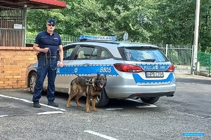 Policjant z psem stojący przy radiowozie