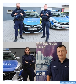 Kolaż zdjęć, trzej policjanci i policjantka