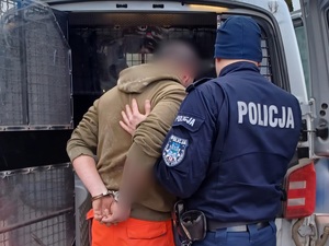 zatrzymany w kajdankach prowadzony przez policjanta do radiowozu