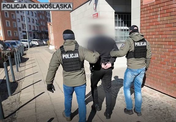 Dwóch policjantów prowadzi mężczyznę skutego w kajdanki - widok z tyłu