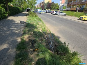 wyrwane druty w ziemi ze zniszczonej lampy ulicznej