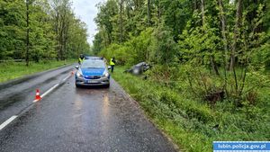 radiowóz na ulicy obok policjanci idący do samochodu leżącego w rowie