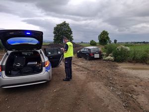 radiowóz obok policjant a na poboczu samochód osobowy