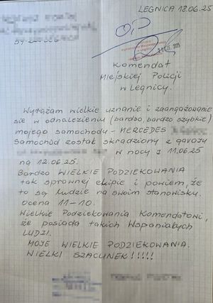 Podziękowania za profesjonalizm i skuteczność legnickich funkcjonariuszy
