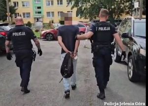 dwaj policjanci prowadzą zatrzymanego mężczyznę do radiowozu