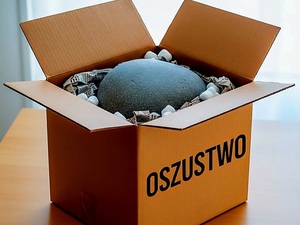 pudełko z zawartością i napisem oszustwo