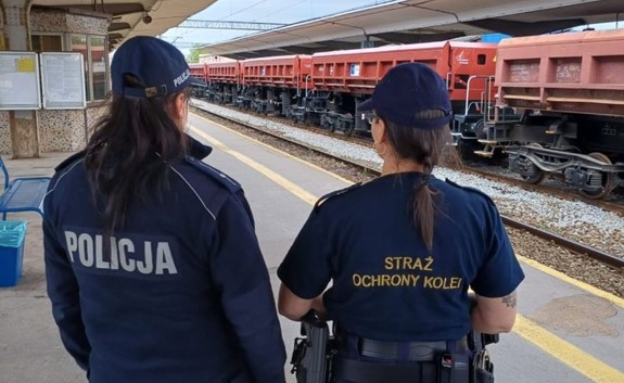 policjantka i pracownica straży ochrony kolei na peronie w tle pociag