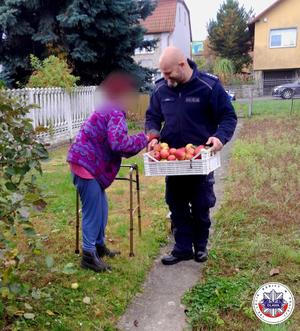 policjant niesie skrzynkę jabłek kobiecie z balkonikiem stojącej obok niego