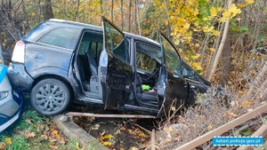 otwarte drzwi samochodu który przeleciał przez barierki i wylądował na drzewie