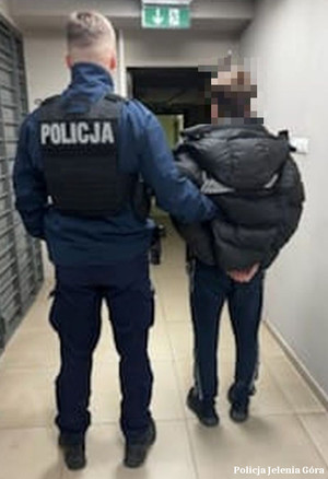 Policjant prowadzi zatrzymanego