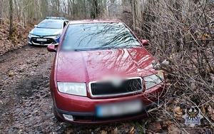 czerwony samochód osobowy w lesie za nim radiowóz