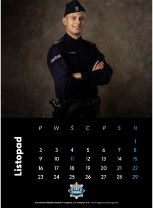 kartki z kalendarza  z każdego miesiąca ze zdjęciem policjantki lub policjanta