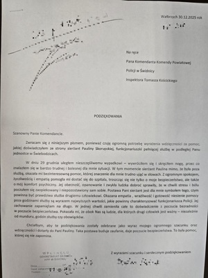 Służba i empatia, także poza służbą. Niezwykłe podziękowania dla policjantki ze Świebodzic