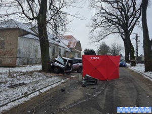 czerwony namiot, dalej samochód po wypadku z drzewem