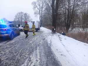Kierowca stracił panowanie nad pojazdem – uderzył w przydrożne drzewo. W chwili zdarzenia jeden z pasażerów znajdował się w przestrzeni bagażowej
