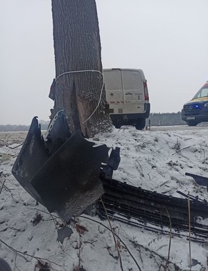 Kierowca stracił panowanie nad pojazdem – uderzył w przydrożne drzewo. W chwili zdarzenia jeden z pasażerów znajdował się w przestrzeni bagażowej