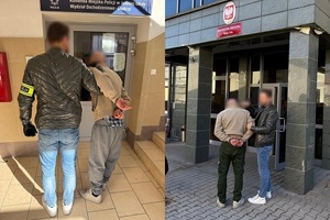 Policjant na dwóch zdjęciach z zatrzymanym mężczyzną