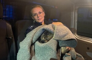 policjantka trzymająca w kocu bobra
