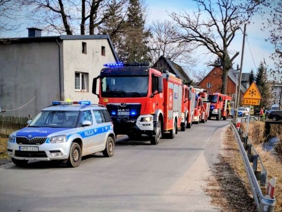 radiowóz i wozy strażackie stojące na poboczu koło budynków mieszkalnych