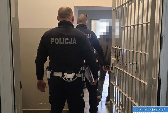 policjanci w mundurach prowadza zatrzymanego mężczyzne