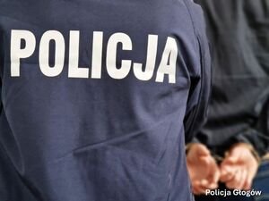 Po lewej stronie zdjęcia widać policjanta stojącego tyłem, po prawej stronie zdjęcia widać osobę zatrzymaną