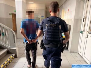 Umundurowany funkcjonariusz Policji prowadzi mężczyznę, który ma założone kajdanki na ręce trzymane z tyłu. Obaj mężczyźni pokazani są z tyłu na jednym z korytarzy w budynku.