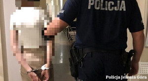 Kobieta ma założone kajdanki na ręce. Obok niej stoi umundurowany policjant, który trzyma ją za rękę. Oboje stoją tyłem.