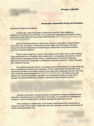Oficjalne podziękowania za uratowanie życia nastolatce.