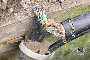 Na zdjęciu widać przecięte kable telekomunikacyjne różnych kolorów.