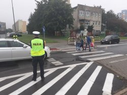 Na zdjęciu droga i policjanci stojący obok przejścia dla pieszych, przez pasy przechodzą rodzice z dziećmi i dwa samochody stojące przed pasami.