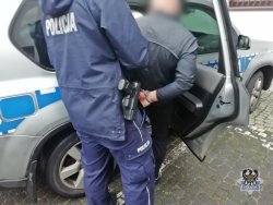 Policjant trzyma za rękę mężczyznę, który ma założone na ręce kajdanki i wsiada do oznakowanego radiowozu policyjnego
